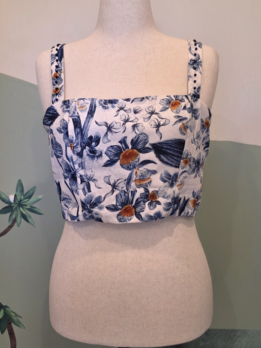 Agua Bendita Blue and Rust Floral Square-Neck Crop Top
